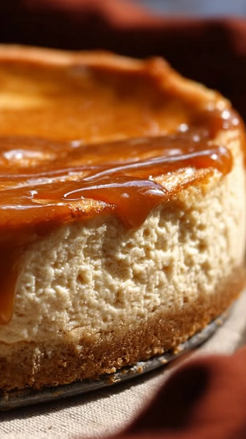 Delicious Apple Cider Cheesecake topped with caramel and apple slices.