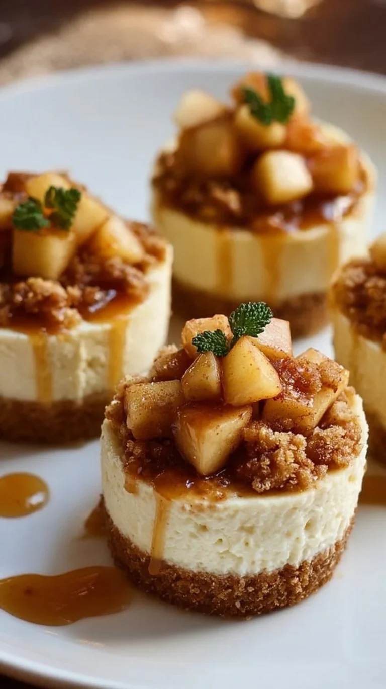 Apple Crisp Mini Cheesecakes topped with apple crumble and caramel drizzle