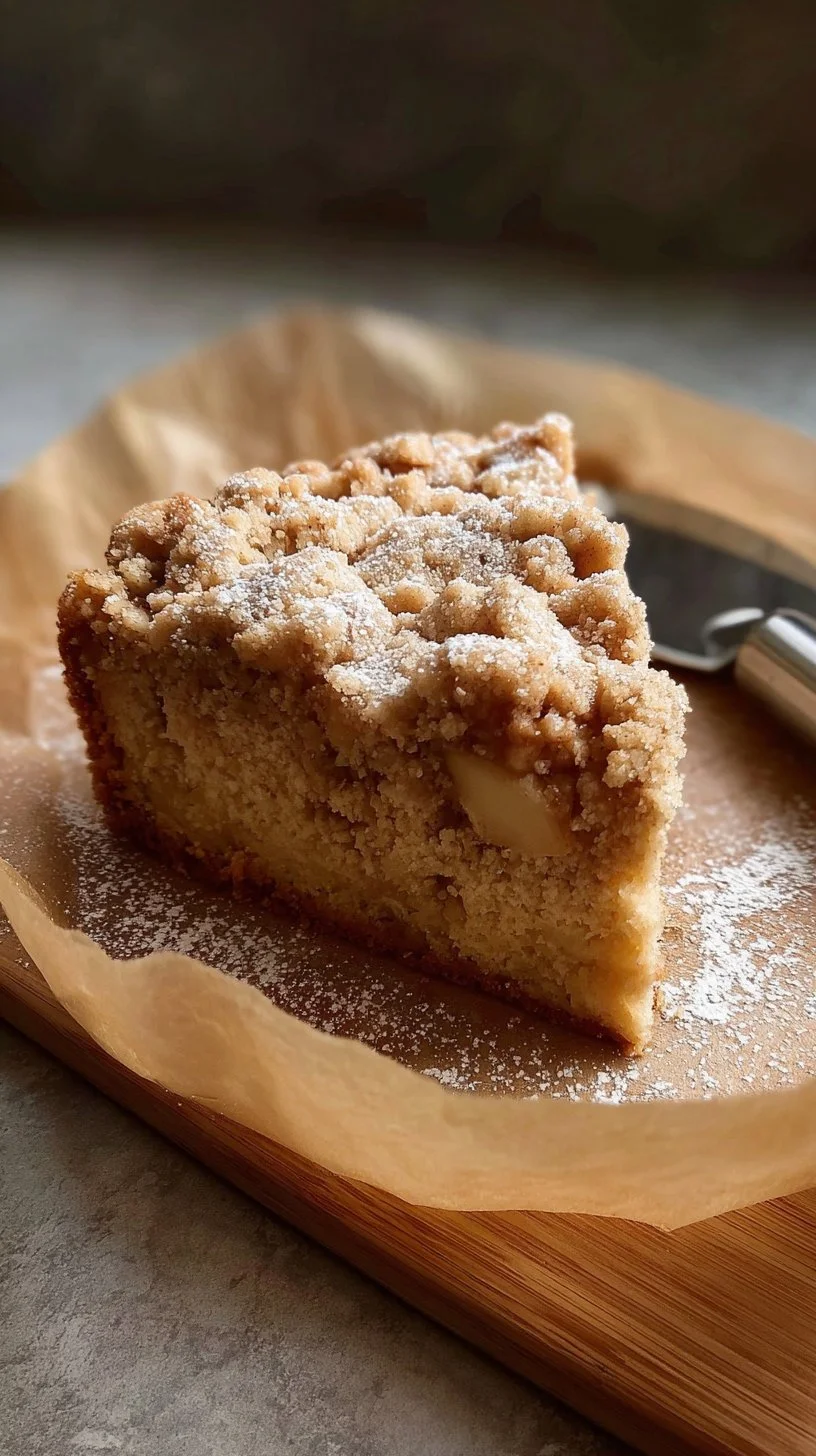 Slice of homemade Apple Crumb Cake on a plate with a crumb topping