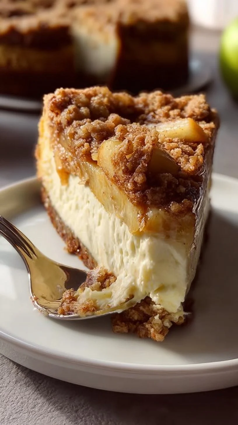 Delicious Apple Crumble Cheesecake with a creamy layer and crisp topping