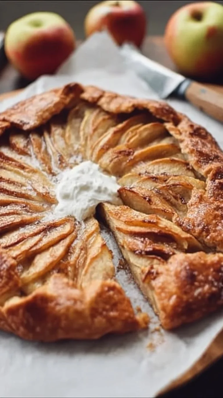 Vegan and gluten-free apple galette on a rustic wooden table