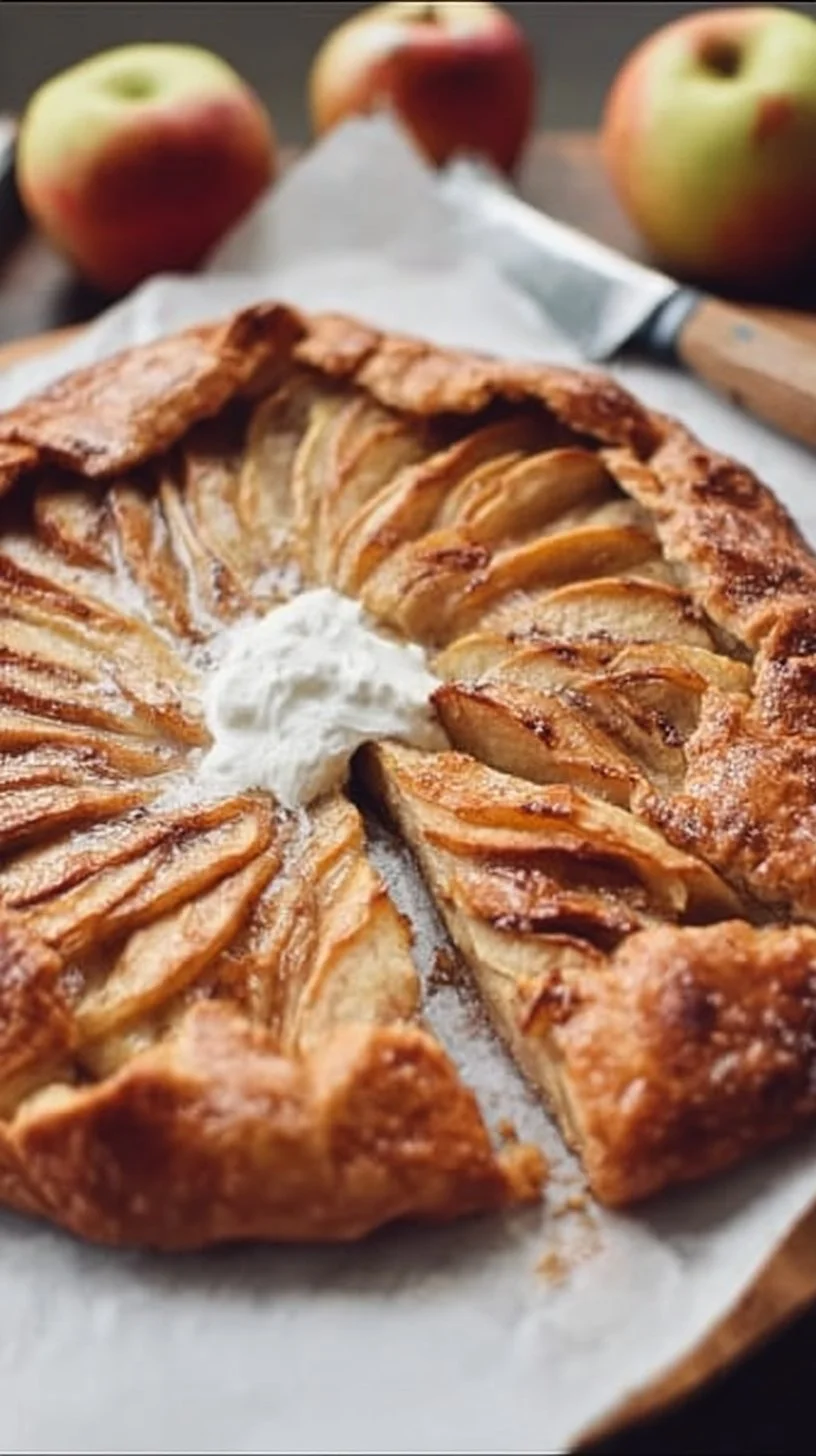 Vegan and gluten-free apple galette on a rustic wooden table
