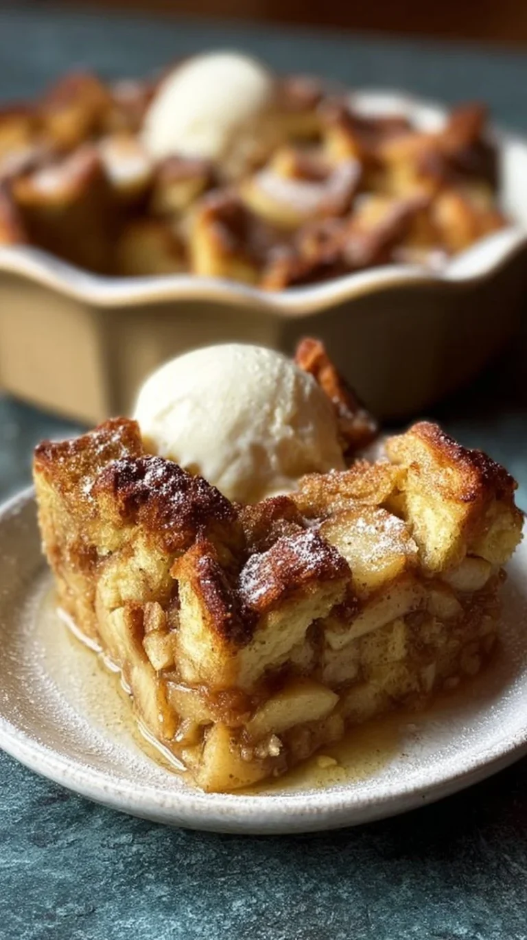 Delicious apple pie bread pudding topped with caramel sauce
