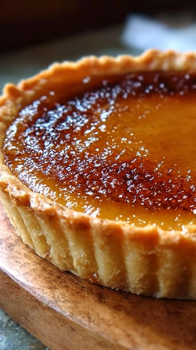 Delicious burnt honey pie topped with a golden crust and drizzled honey.