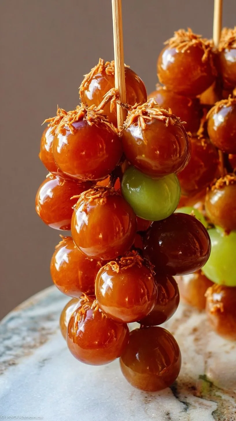 Delicious caramel apple grapes drizzled with rich caramel coating on fresh grapes.
