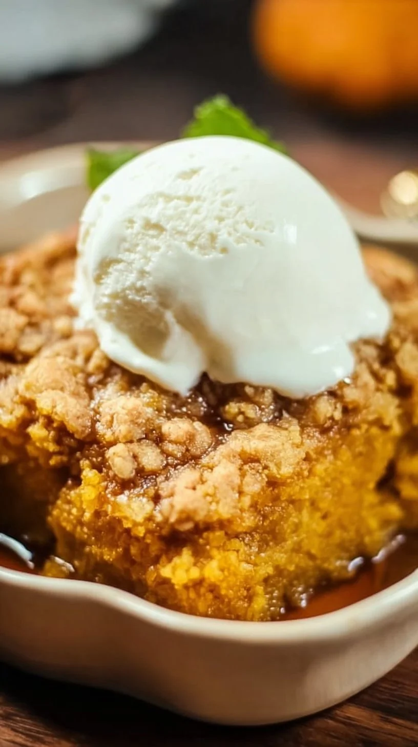 Delicious easy pumpkin cobbler served warm with whipped cream on top.