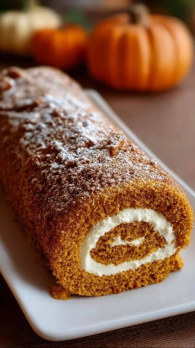 Delicious fall pumpkin spice roll cake with cream cheese frosting on a plate