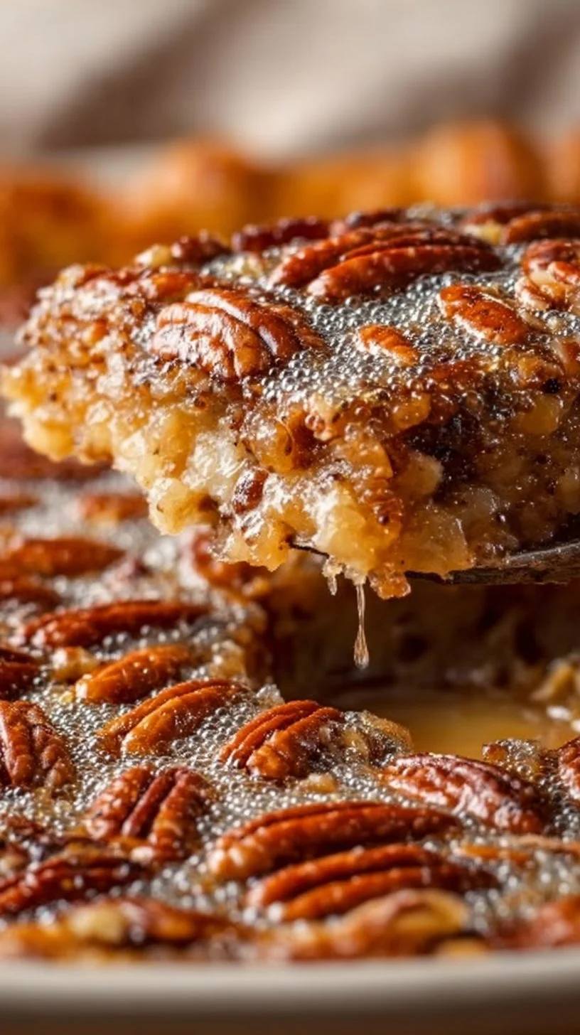 Gooey pecan pie dump cake topped with pecans and caramel