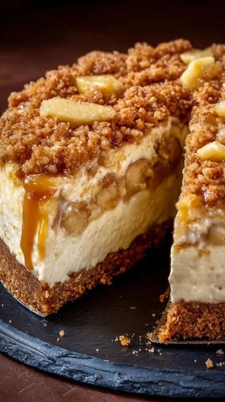Delicious apple crumble cheesecake topped with crispy crumble and apple slices.