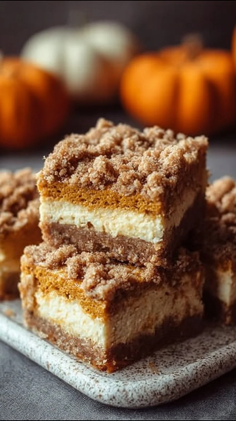 Delicious Pumpkin Cheesecake Bars with Streusel topping on a plate