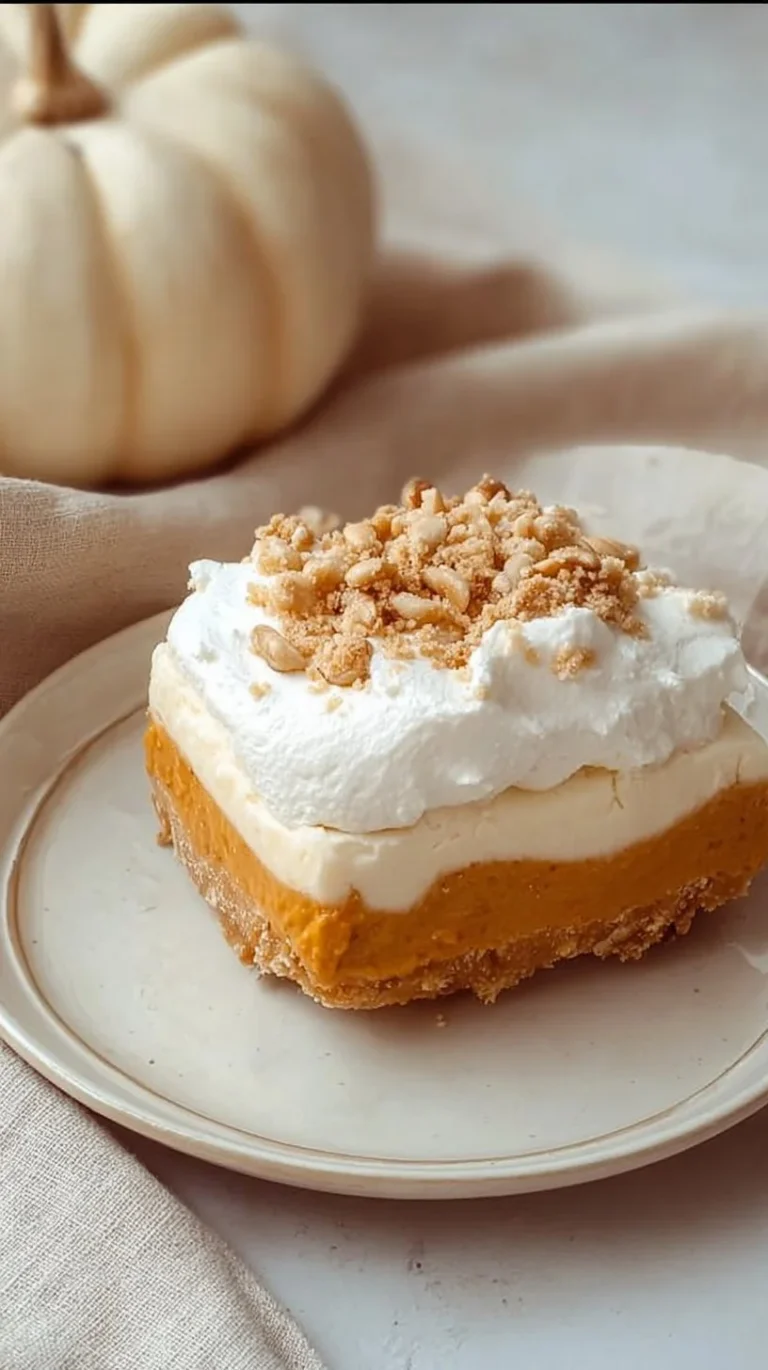 Delicious Pumpkin Lush dessert with layers of pumpkin and cream in a dish