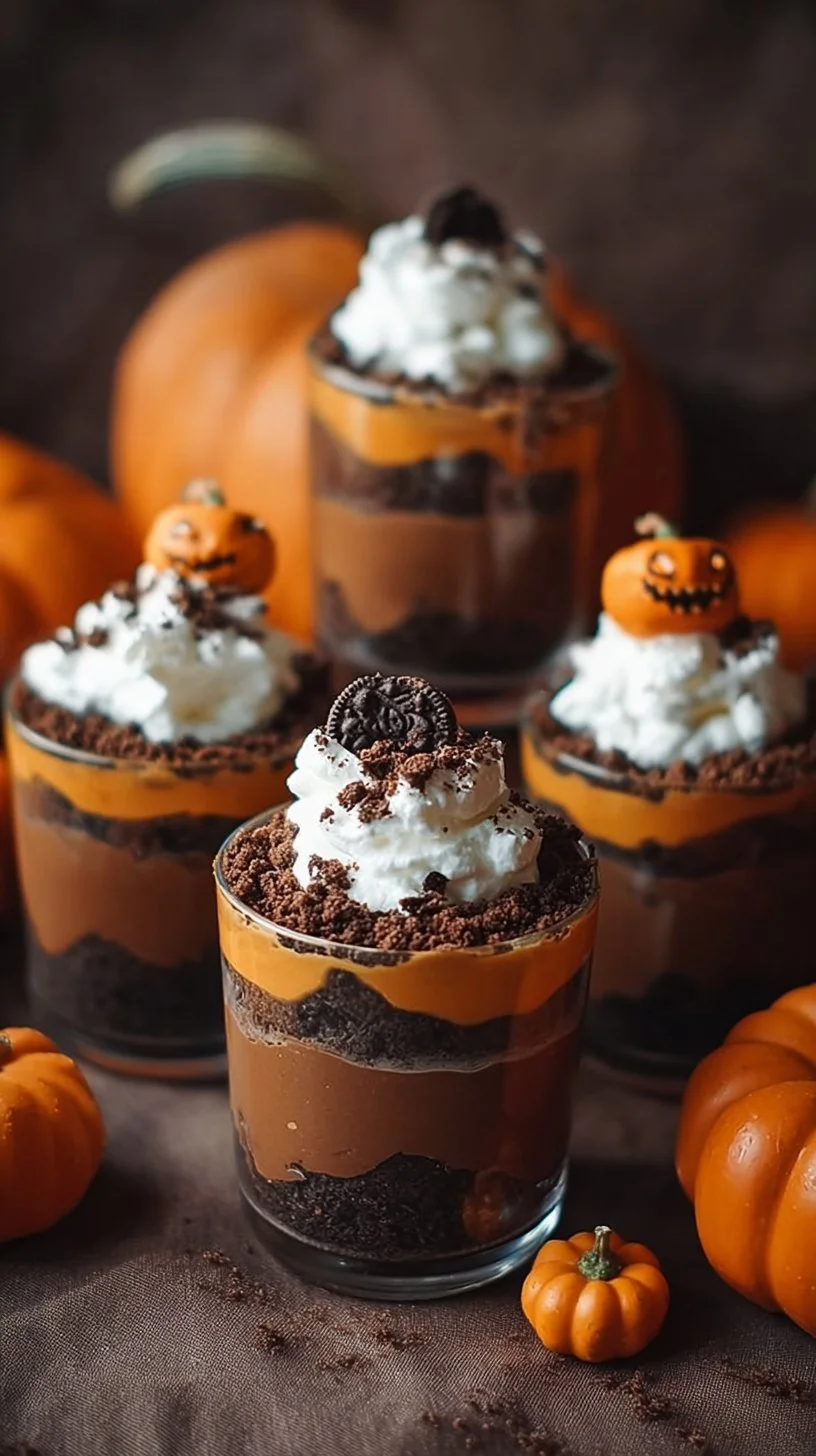 Pumpkin Patch Dirt Cups dessert in a festive setting