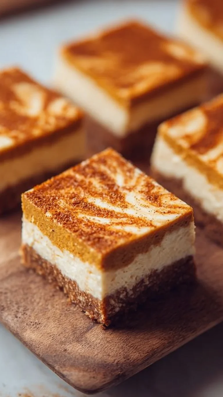 Delicious Pumpkin Spice Cheesecake Bars topped with whipped cream and autumn spices.