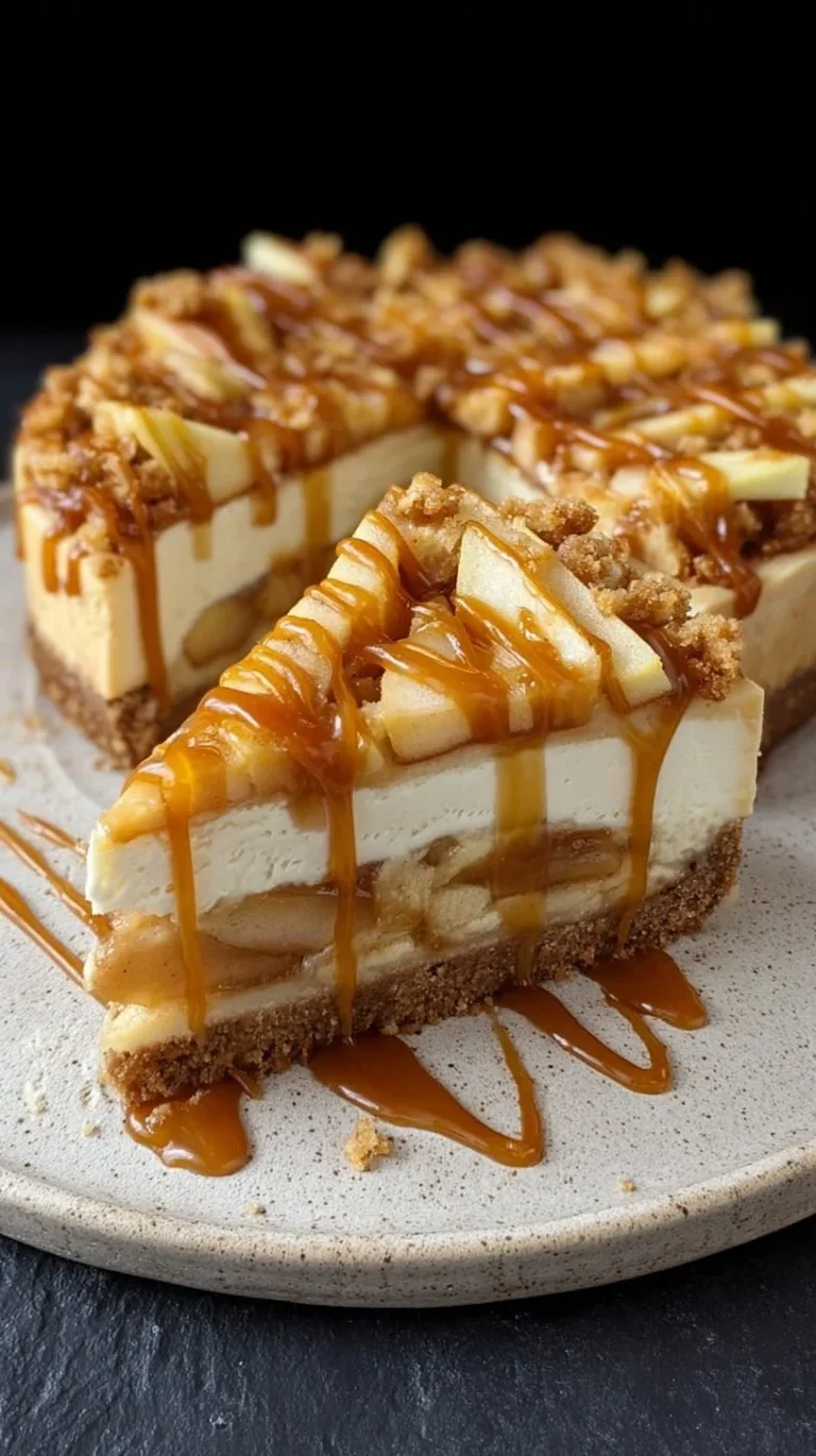 Delicious salted caramel apple pie cheesecake slice with toppings