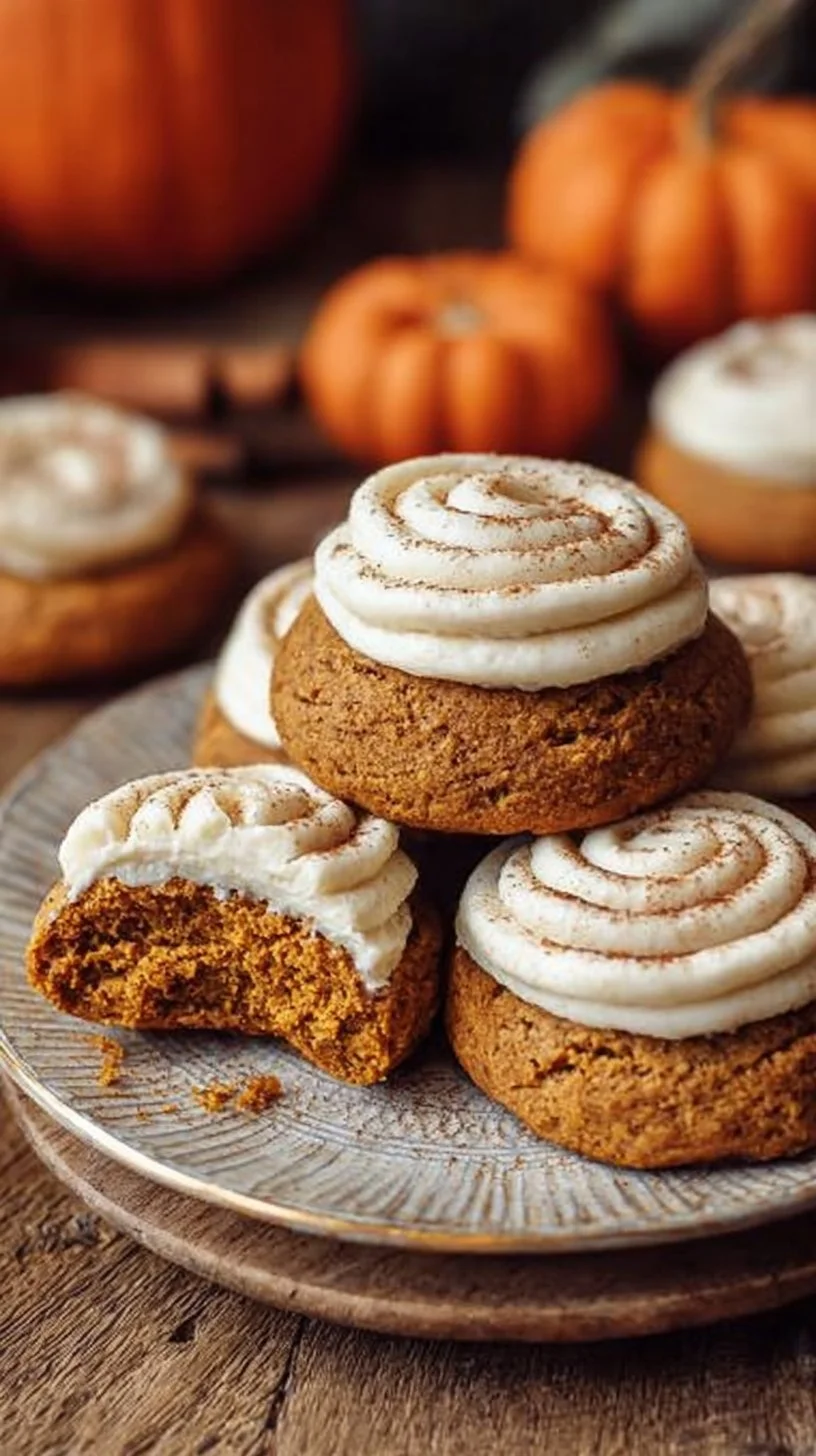 Soft pumpkin cookies with cream cheese frosting on a plate