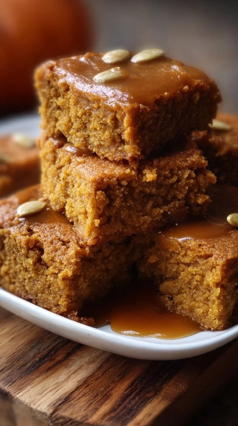 Vegan and gluten-free pumpkin maple blondies on a rustic wooden table.