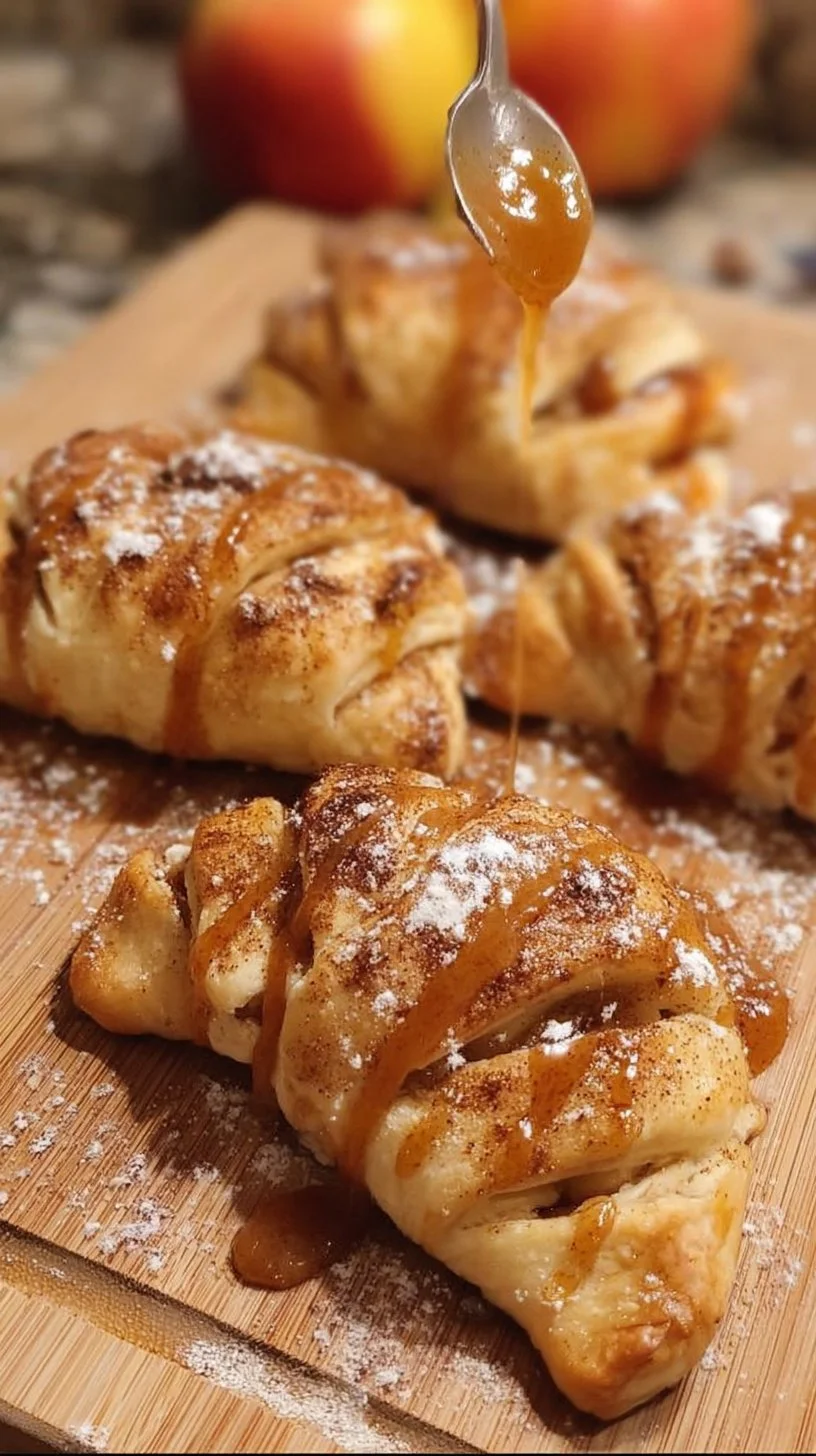 Vegan caramel apple pastries on a wooden table, showcasing delicious flaky crust and apple filling.