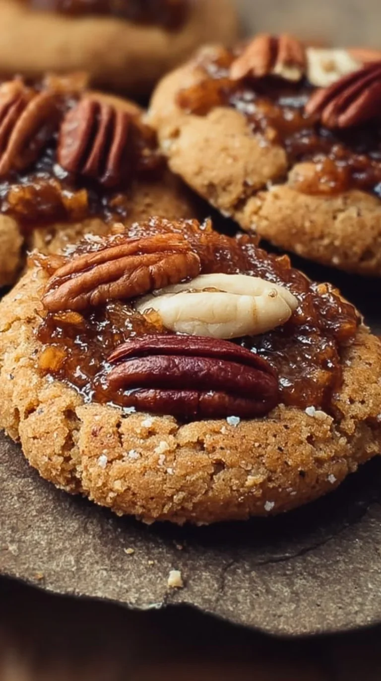 Delicious vegan pecan pie cookies on a plate, showcasing their nutty texture and sweetness.
