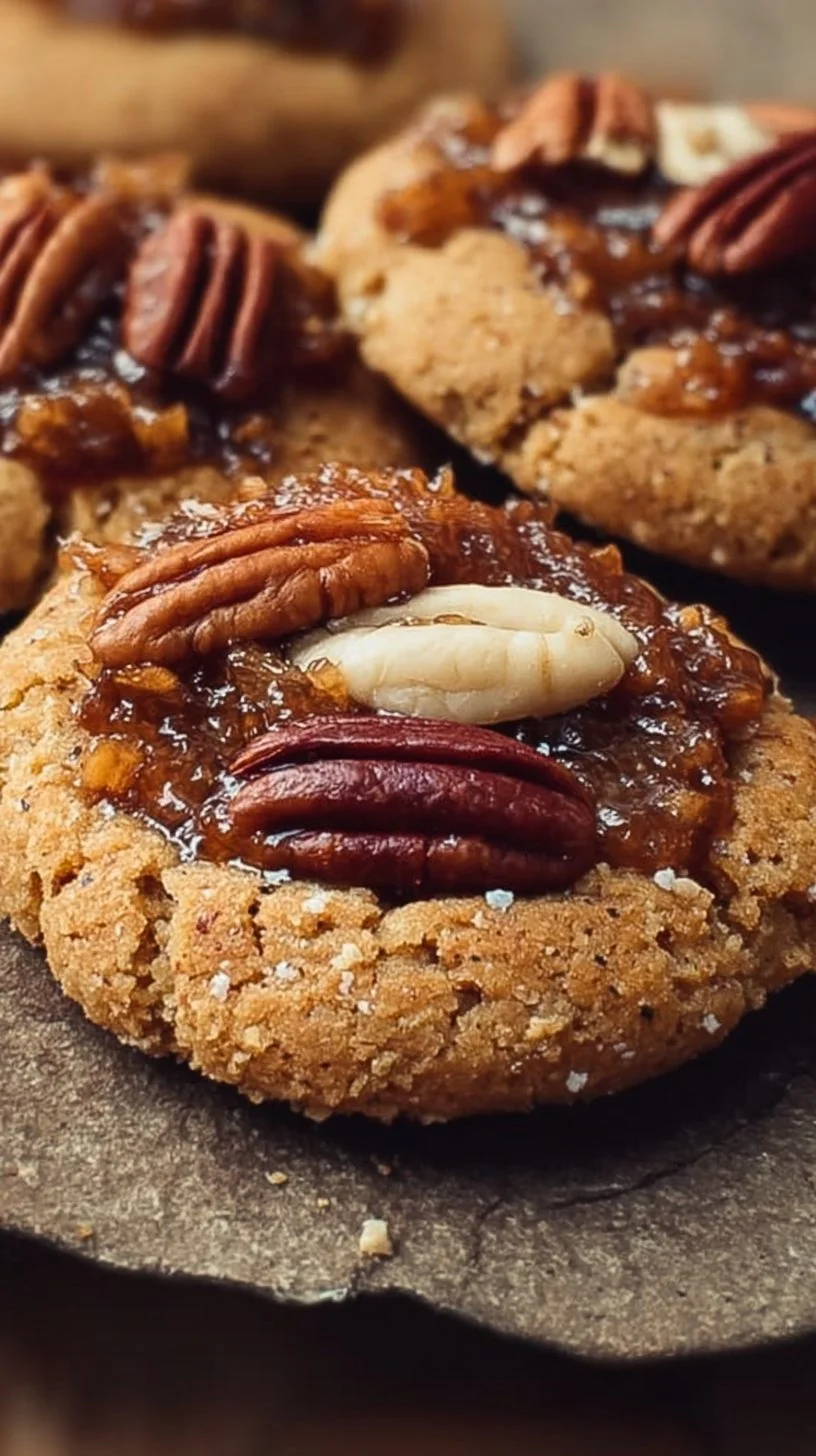 Delicious vegan pecan pie cookies on a plate, showcasing their nutty texture and sweetness.