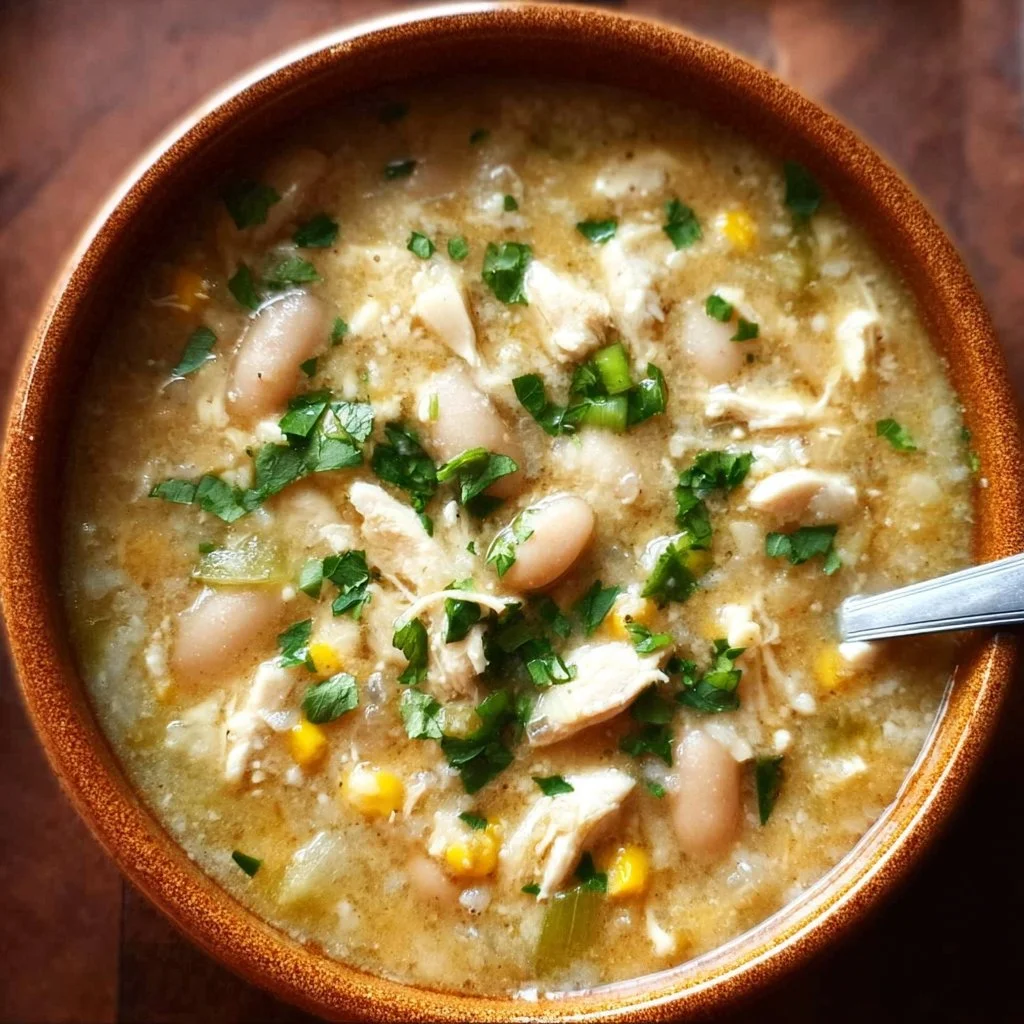 Bowl of the best stovetop white chicken chili garnished with cilantro.