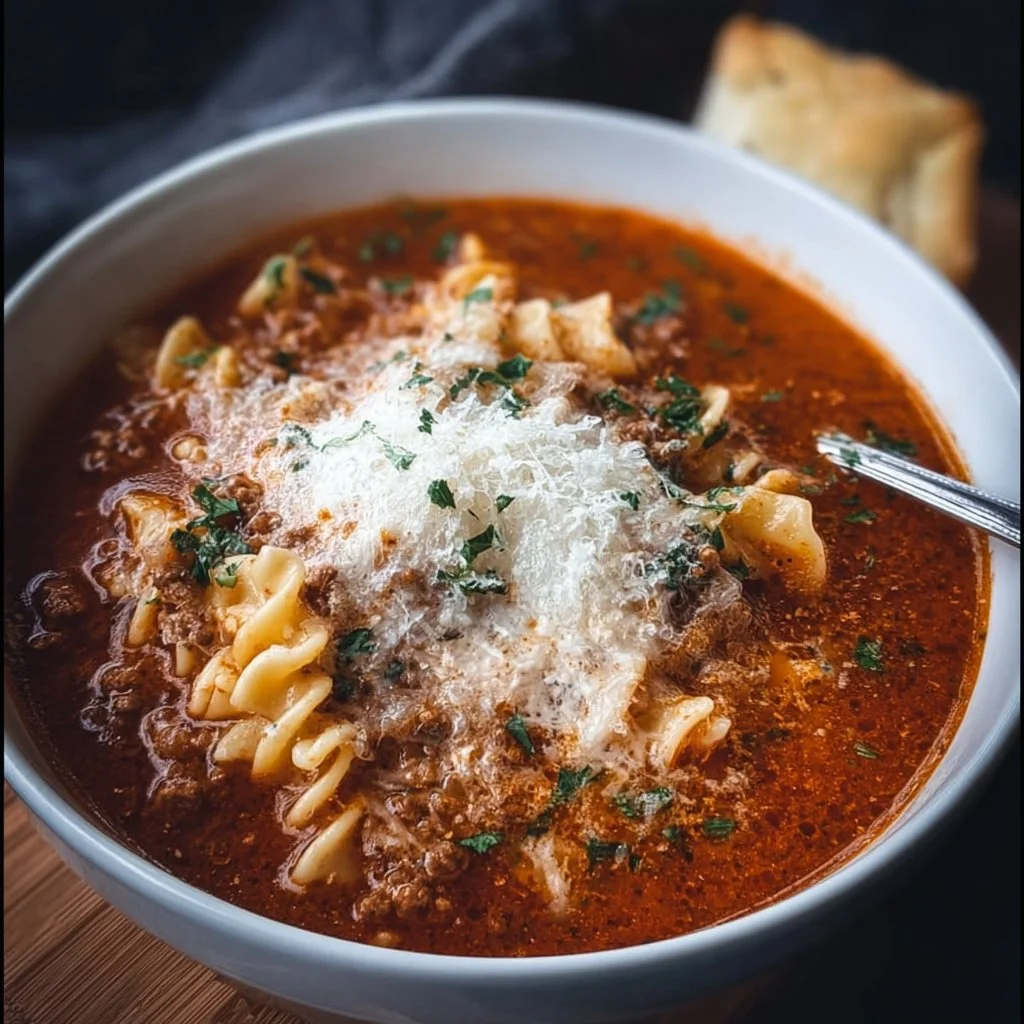 Bowl of classic lasagna soup topped with cheese and herbs