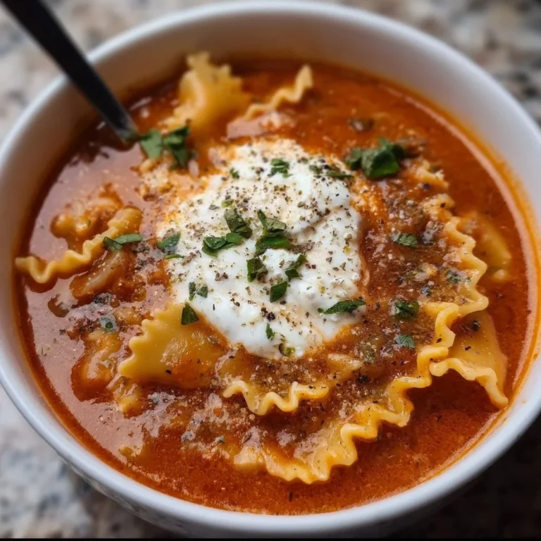 Cozy one-pot lasagna soup topped with ricotta cheese and herbs