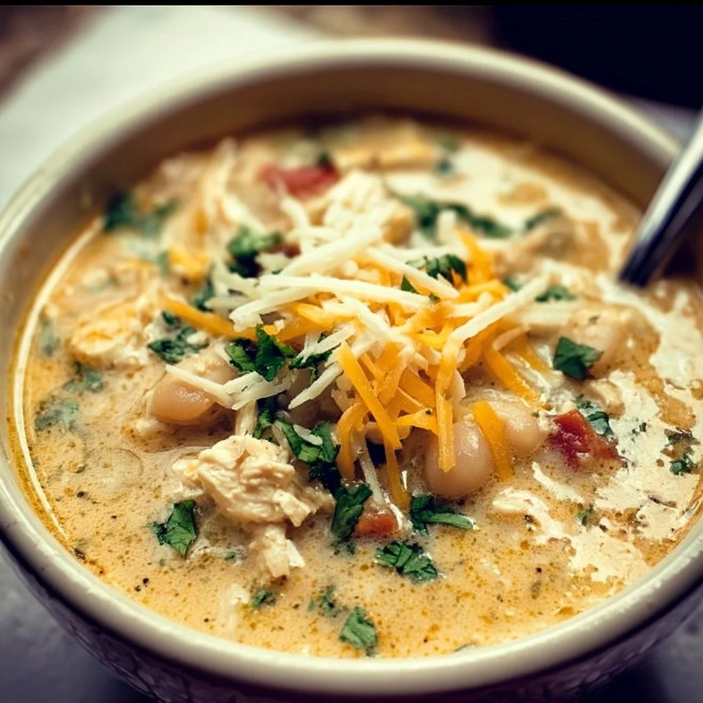 Bowl of creamy Southwestern white chicken chili garnished with cilantro