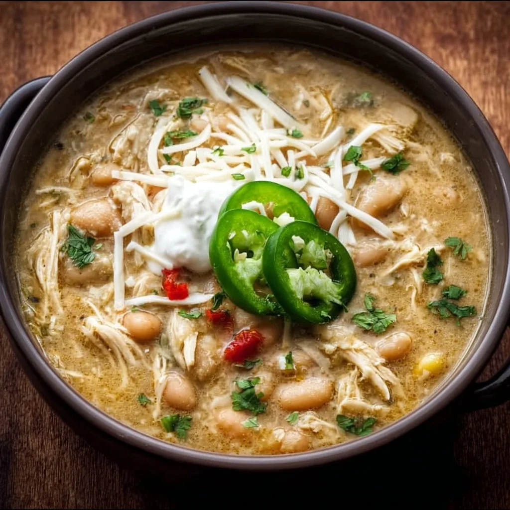 Bowl of creamy white chicken chili topped with cilantro and cheese