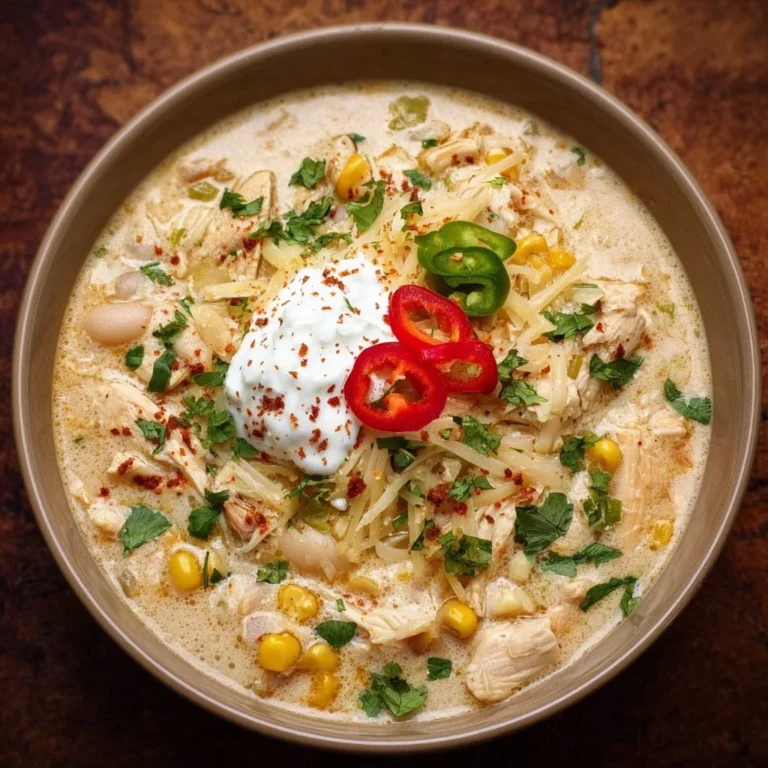Bowl of creamy white chicken chili topped with cilantro and cheese