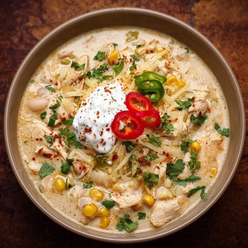 Bowl of creamy white chicken chili topped with cilantro and cheese
