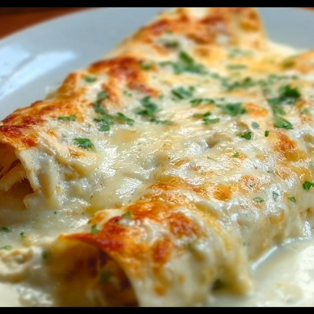 Delicious creamy white chicken enchiladas topped with sauce and cheese