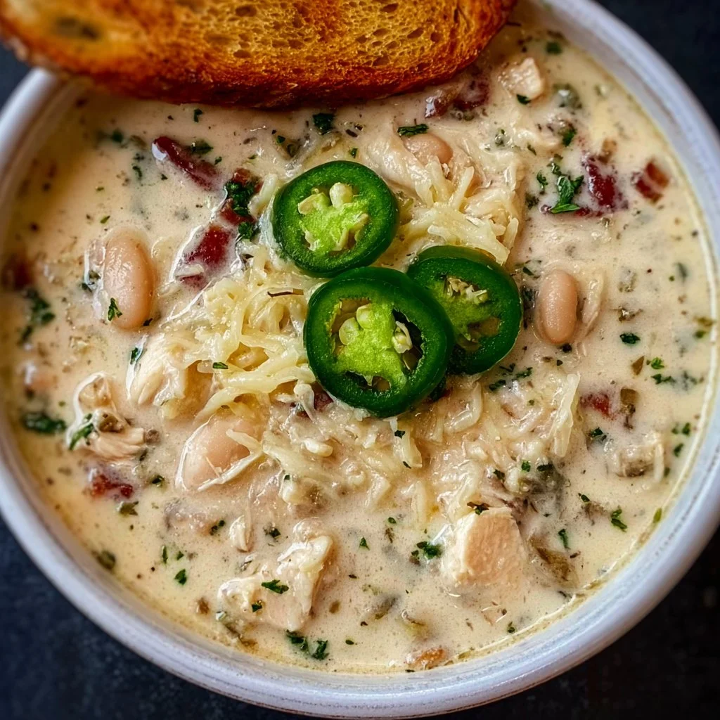 Creamy white chili dish with chicken and toppings served in a bowl