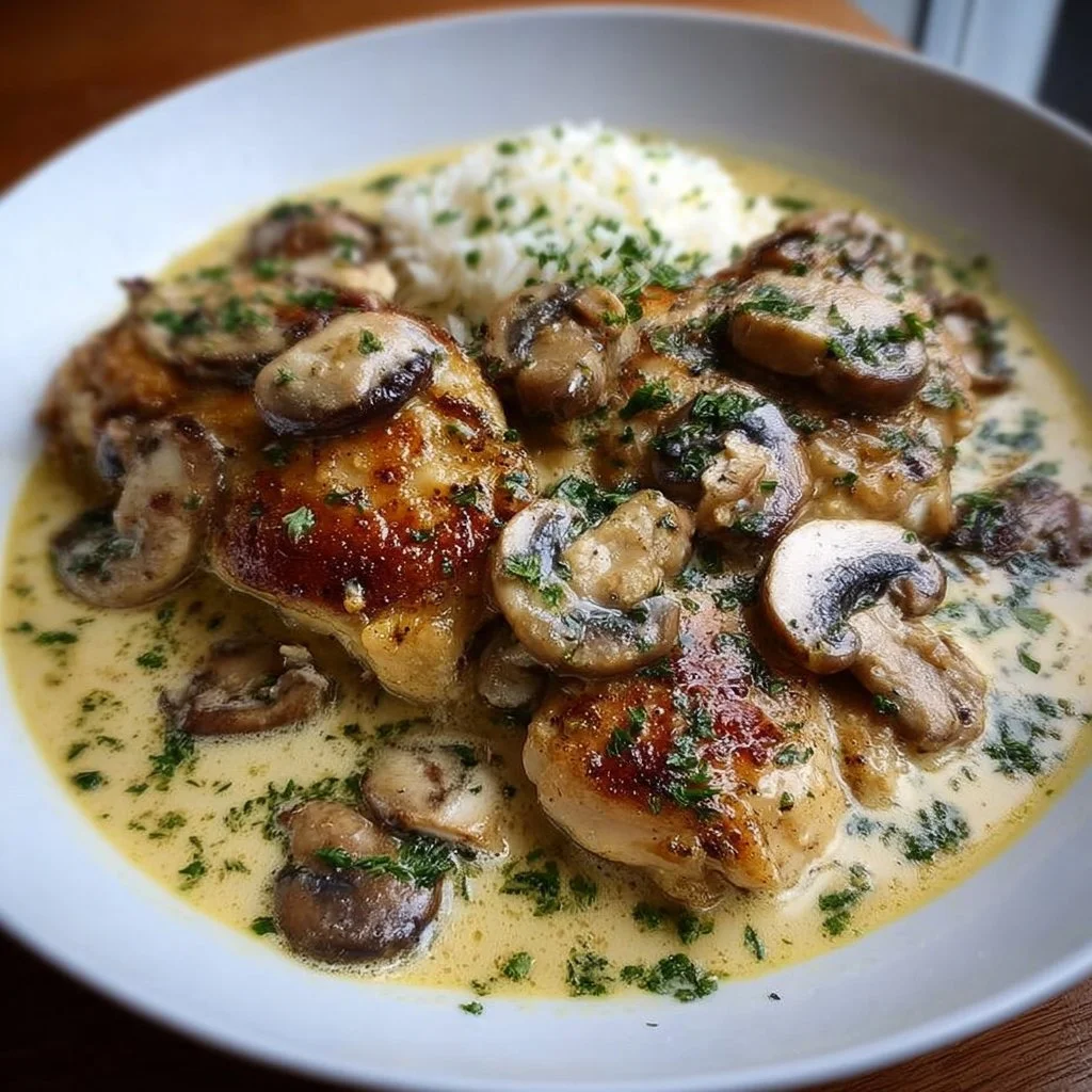 Creamy white wine mushroom chicken dish garnished with parsley