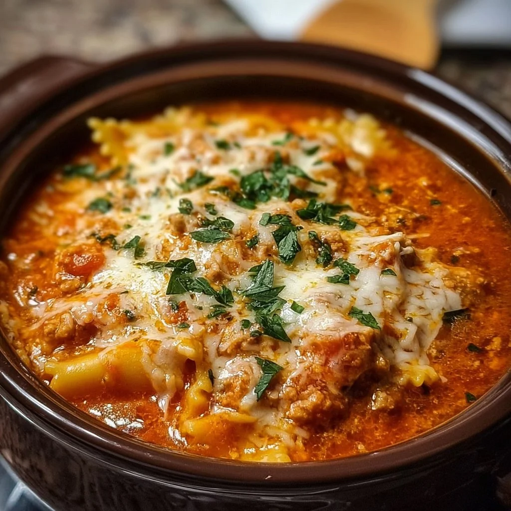 Bowl of delicious Crock Pot Lasagna Soup garnished with cheese and herbs