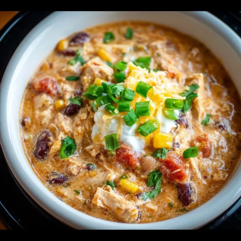 Bowl of creamy crockpot cream cheese chicken chili topped with herbs