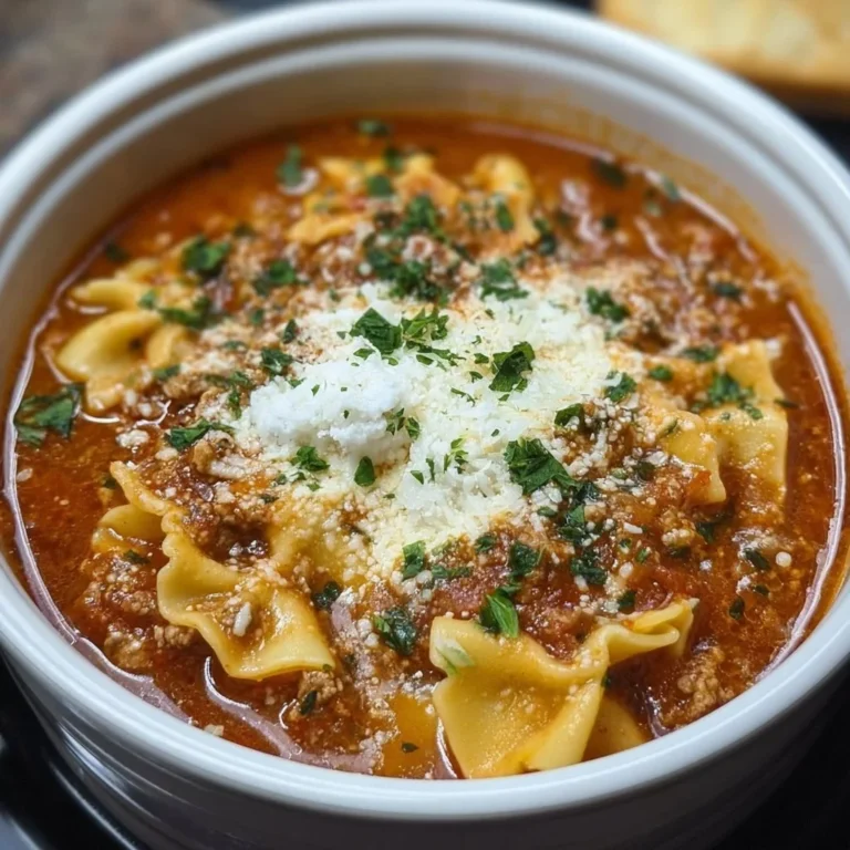 Delicious bowl of Crockpot Lasagna Soup garnished with cheese and herbs