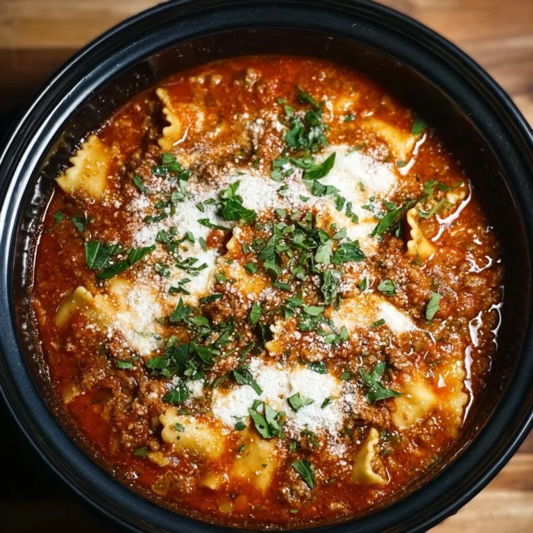 Crockpot Lasagna Soup served in a bowl with cheese and herbs