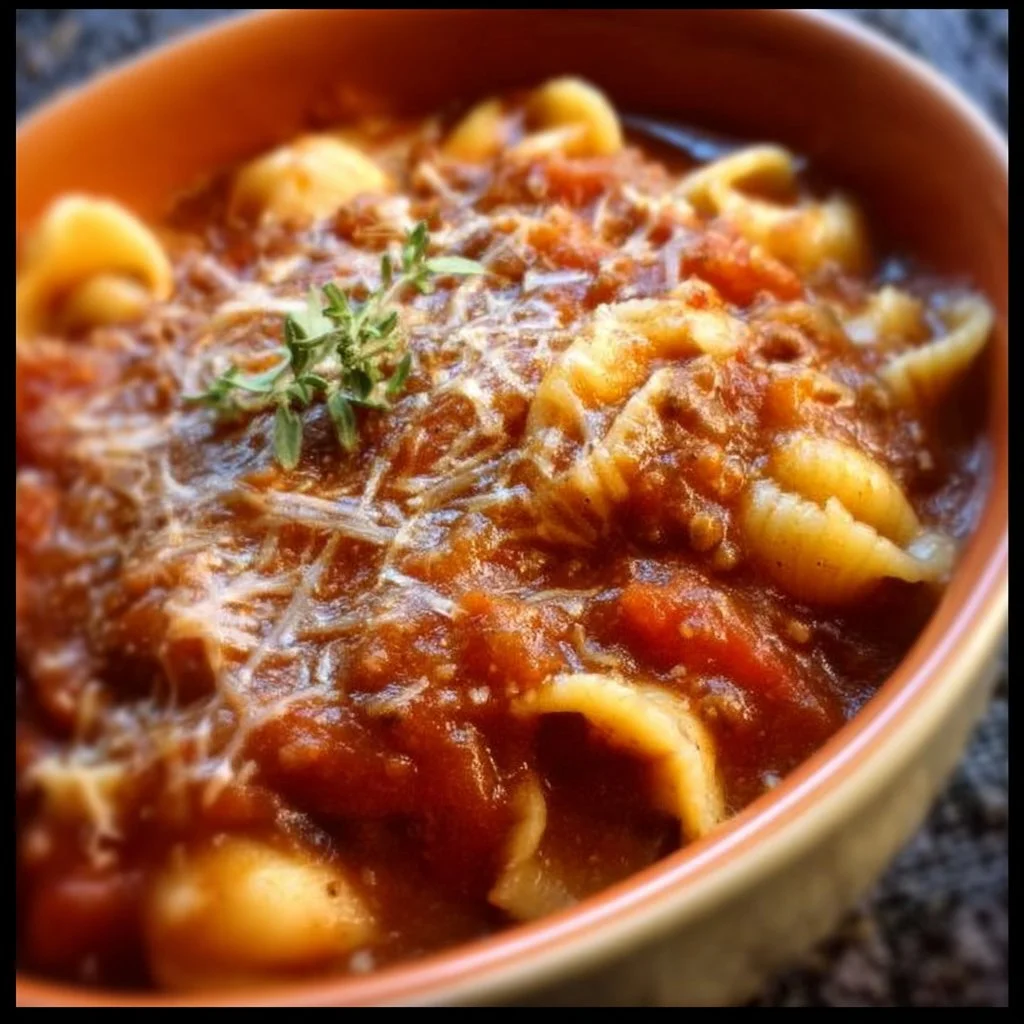 A bowl of delicious Crockpot Lasagna Soup with cheese and herbs.