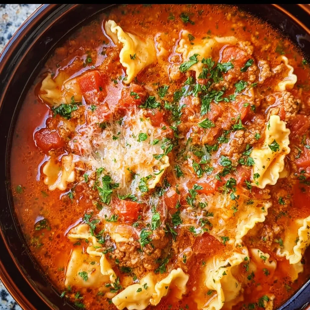 Bowl of delicious Crockpot Lasagna Soup garnished with herbs and cheese.