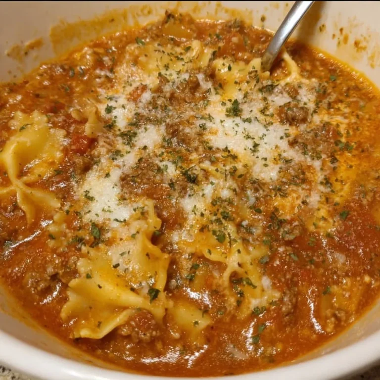 Bowl of delicious Crockpot Lasagna Soup topped with cheese and fresh herbs