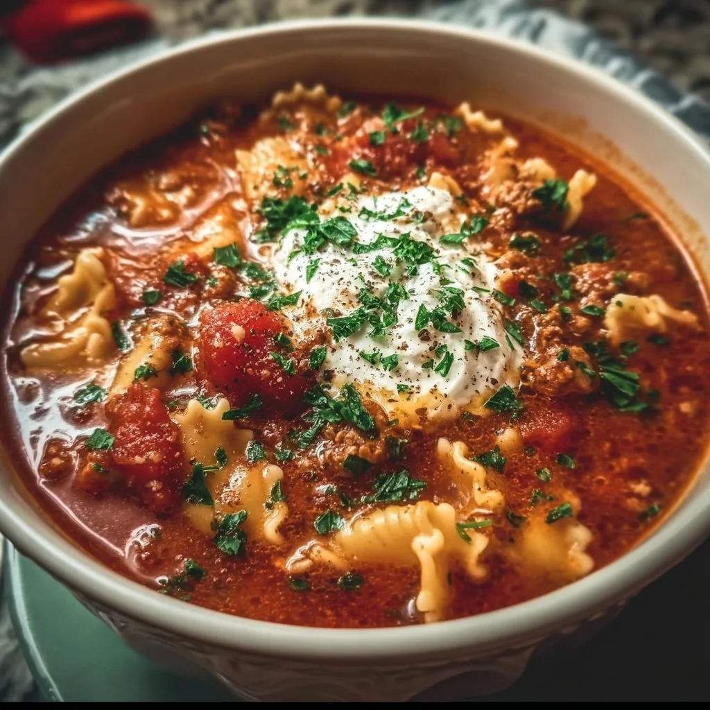 Delicious bowl of Crockpot Lasagna Soup garnished with herbs and cheese