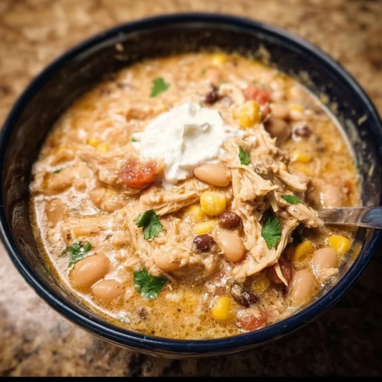 Crockpot White Chicken Chili served in a bowl with toppings