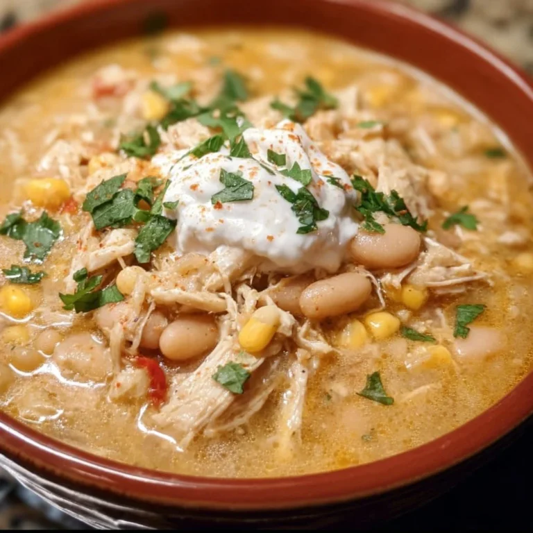 Bowl of creamy Crockpot White Chicken Chili topped with cilantro and cheese