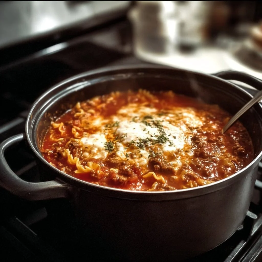 Delicious lasagna soup simmering on the stove top in a pot.