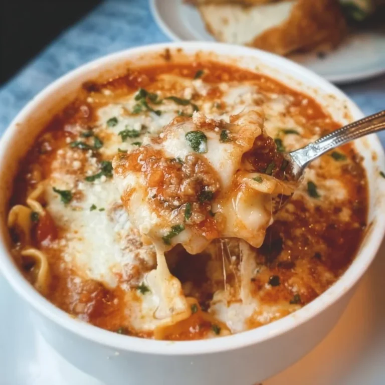 Bowl of creamy lasagna soup topped with cheese and herbs