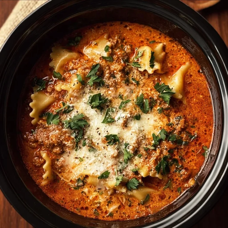 Bowl of easy Crockpot Lasagna Soup topped with cheese and herbs