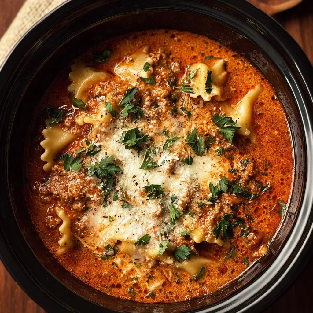 Bowl of easy Crockpot Lasagna Soup topped with cheese and herbs