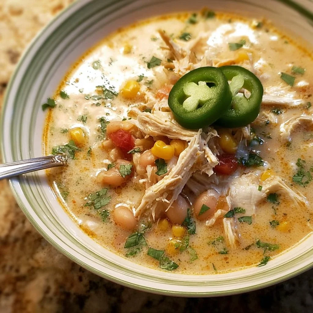 Bowl of easy crockpot white chicken chili soup topped with cilantro