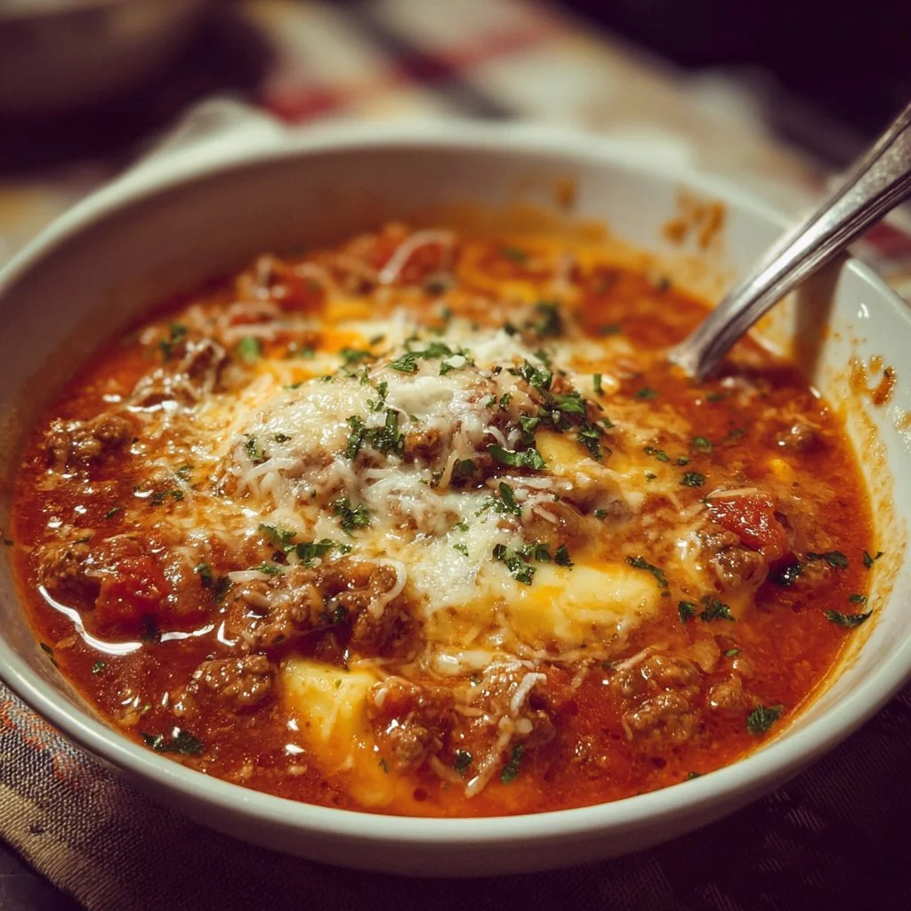 Bowl of easy lasagna soup garnished with cheese and herbs