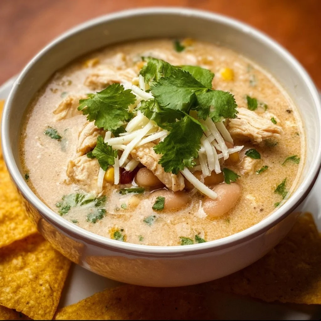 Bowl of easy slow cooker white chicken chili topped with cilantro and cheese